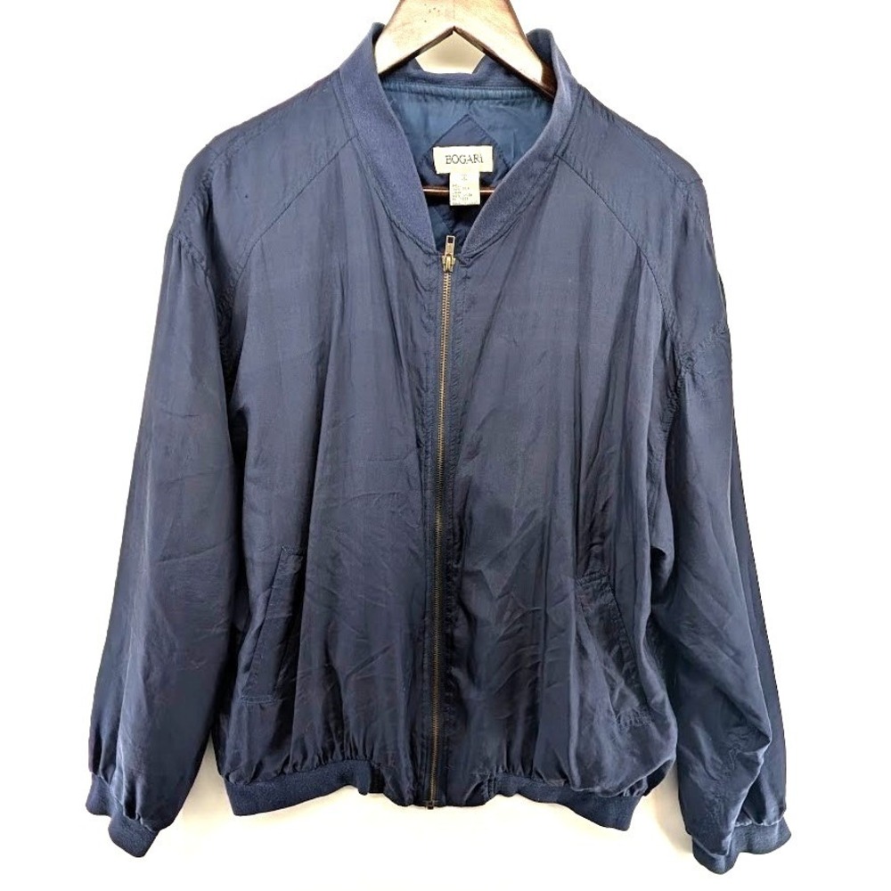 BOGARI Unisex Navy Blue Silk Bomber Jacket Lightweight Full‎ Zip Size S